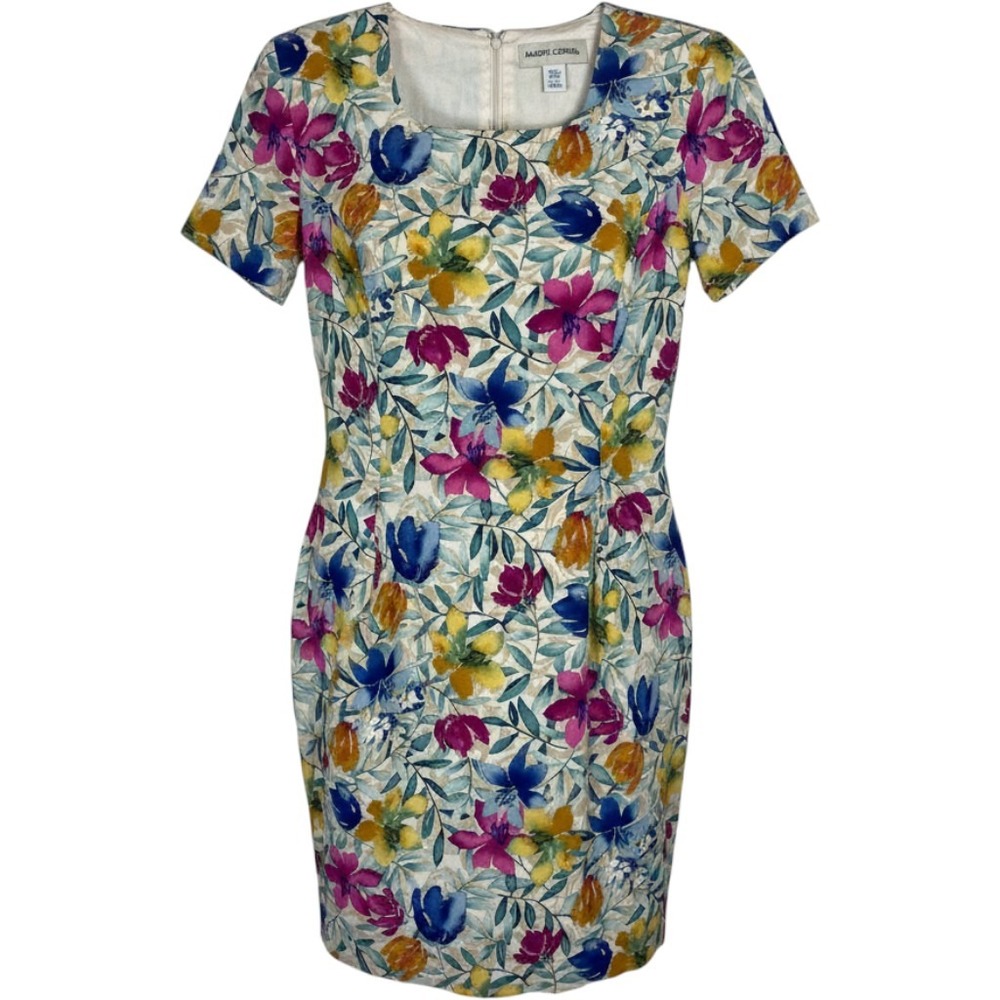 Maggy London Vintage 100% Silk Floral Sheath Dress Multicolor Size 14
